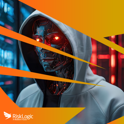 AI cyber risk illustrated by a hooded humanoid robot in front of computer screens, featuring RiskLogic branding, symbolizing AI-driven cyber threats and security.